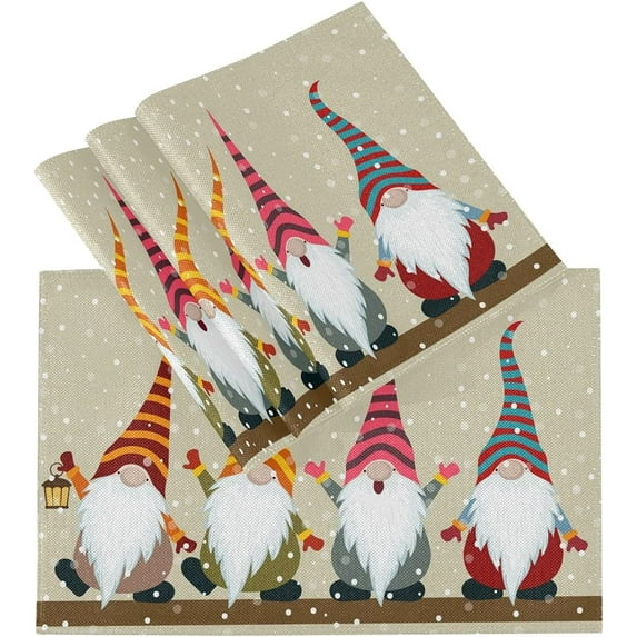 JOOCAR Christmas Placemats, Four Christmas Gnome Winter Snowy Christmas Placemats for Home Table Festive Decor Rectangular Placemats Set of 6