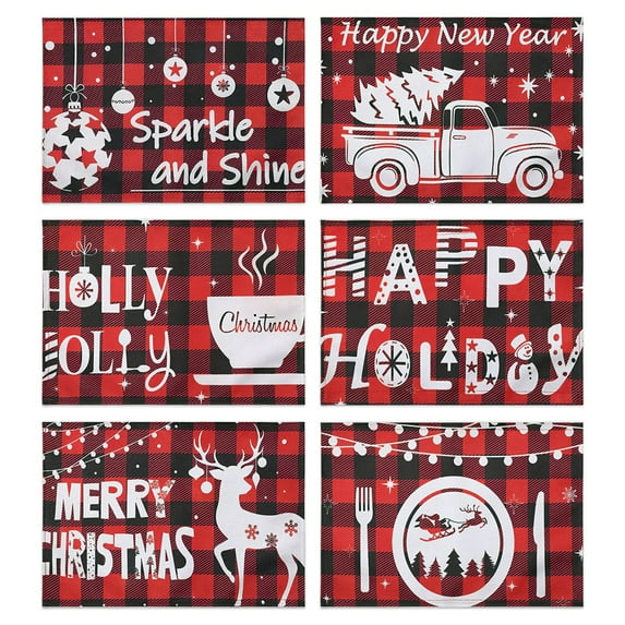 JOOCAR Christmas Placemats, Red and Black Buffalo Plaid Truck Elk Lights Merry Christmas Placemats for Home Dining Table Festive Decor Rectangular Placemats Set of 6