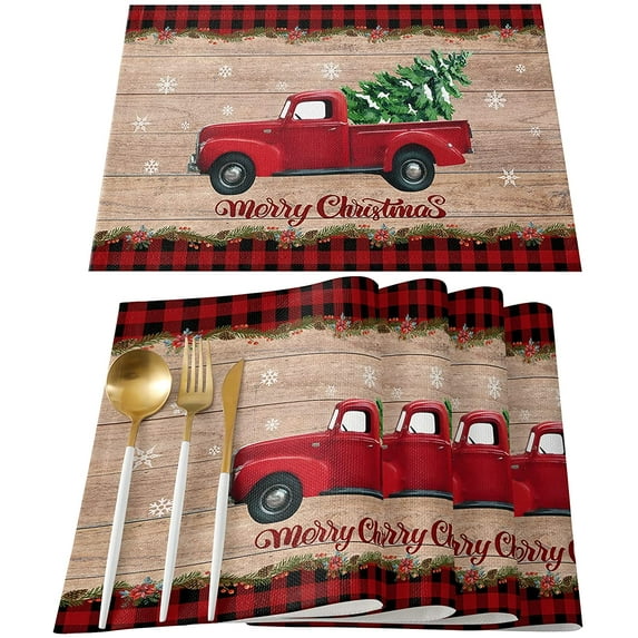 JOOCAR Christmas Placemats, Red Black Buffalo Plaid Vintage Red Truck Christmas Placemats for Home Dining Table Festive Decor Rectangular Placemats Set of 6