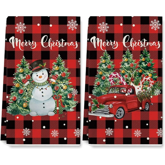 JOOCAR Christmas Red Black Buffalo Plaid Snowman Xmas Trees Polyester Kitchen Towels 16"x27.5"