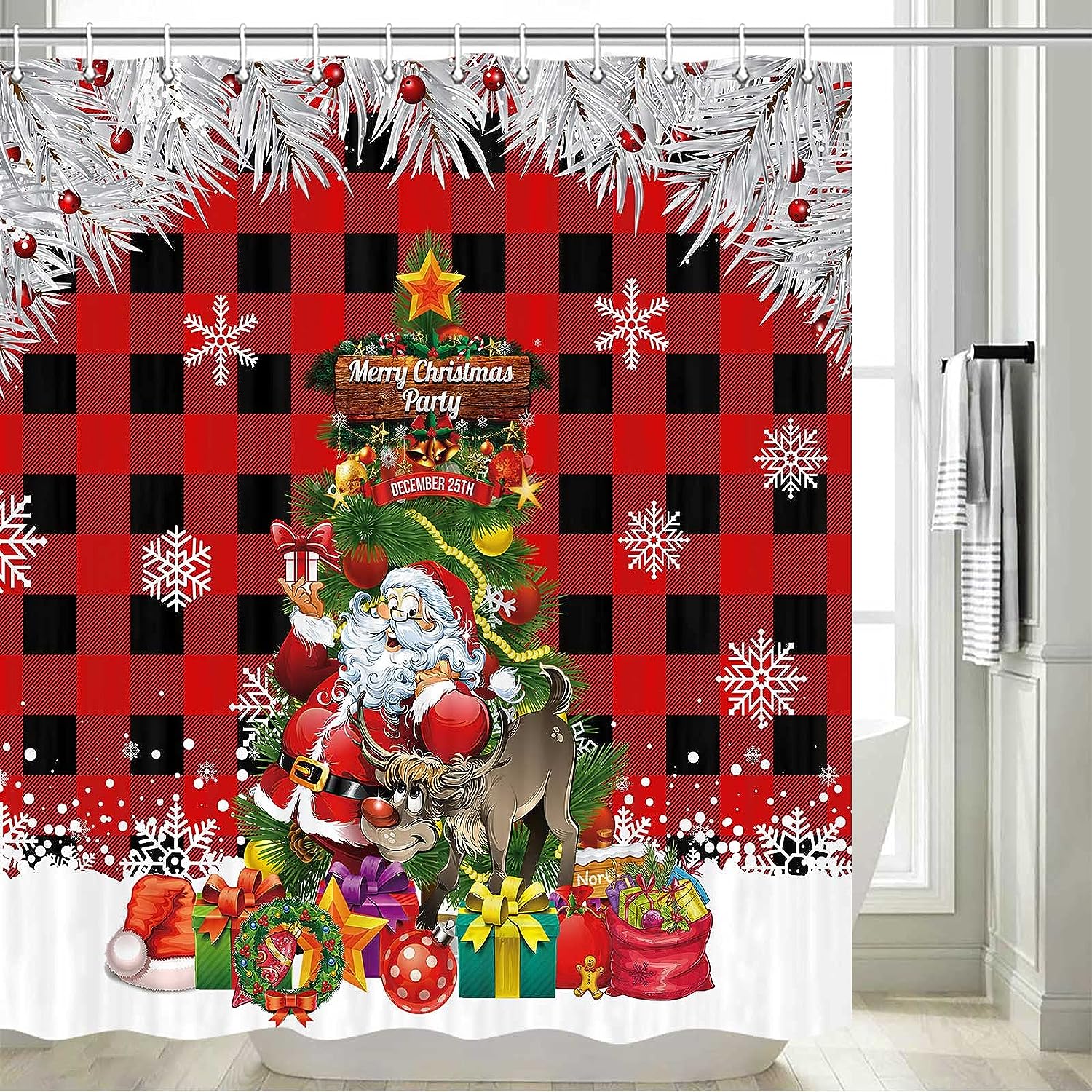 JOOCAR Christmas Shower Curtain, Red Buffalo Check Winter Christmas