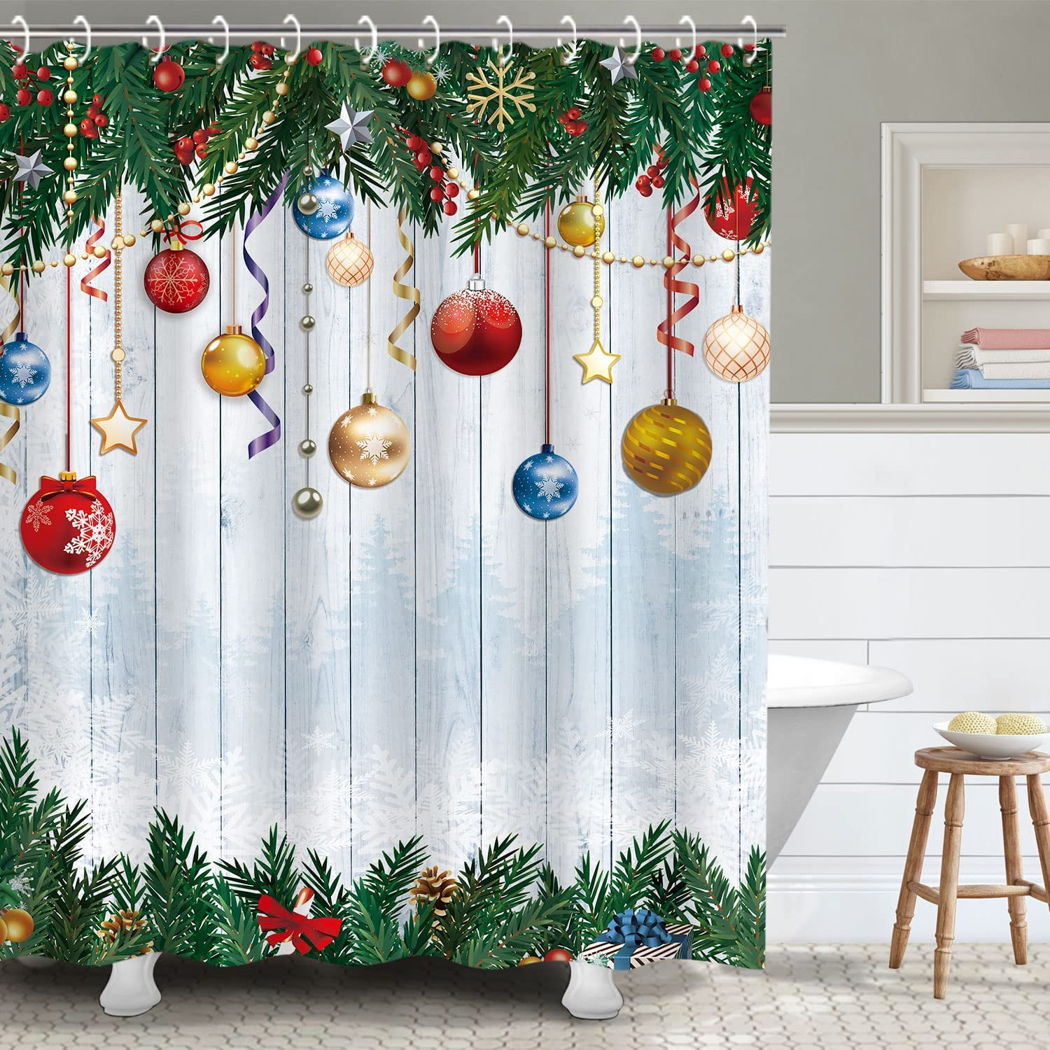 JOOCAR Christmas Shower Curtain Red and Green Shower Curtains for