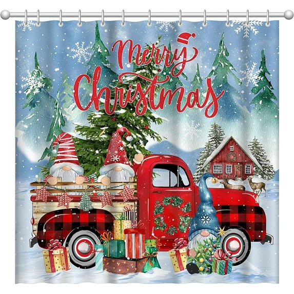 JOOCAR Christmas Shower Curtain, Vintage Farmhouse Cloth Red Buffalo Plaid Truck Christmas Gnome Christmas Shower Curtain for Home Bathroom Waterproof Festive Decor