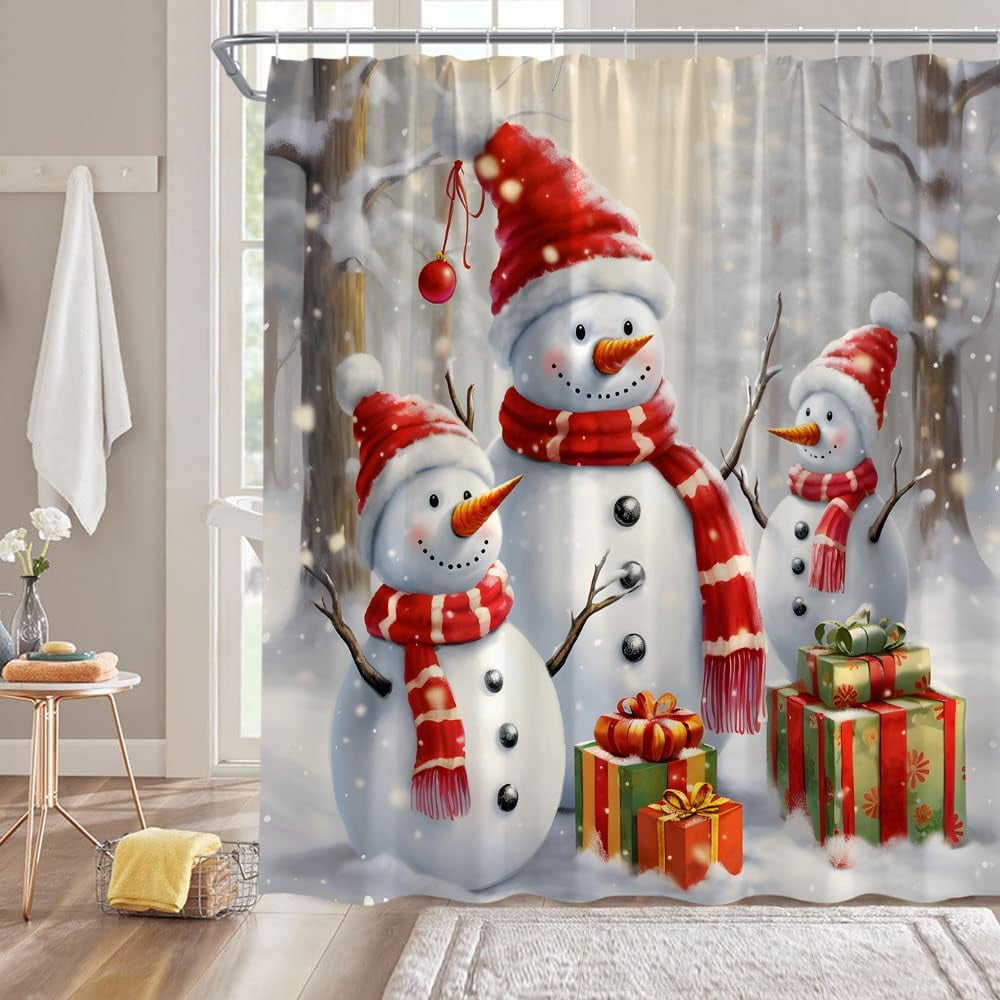 JOOCAR Christmas Snowman Shower Curtain Cute Snowman Snowy Tree Forest