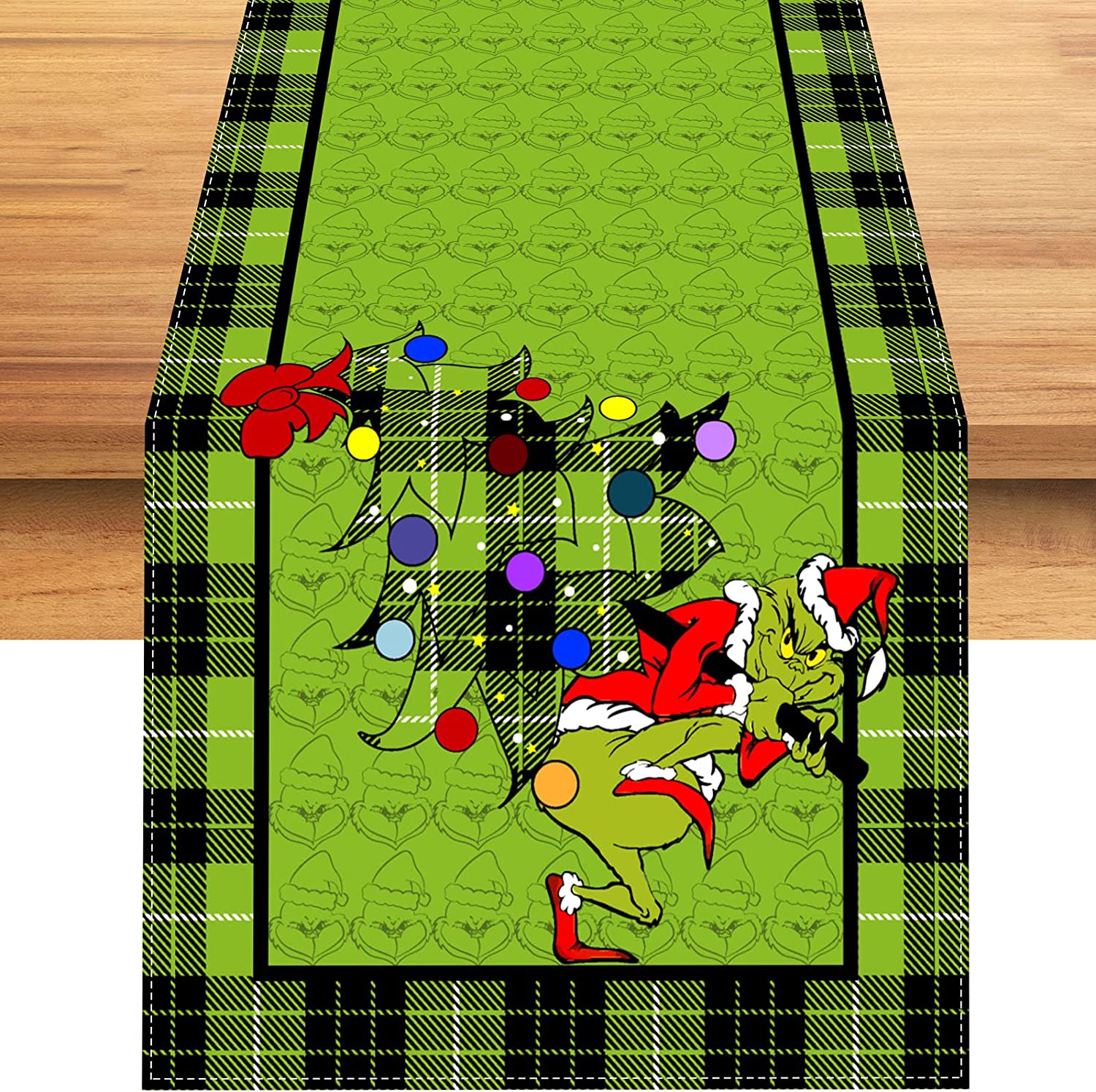 JOOCAR Christmas Table Runner, Black and Green Buffalo Plaid Christmas