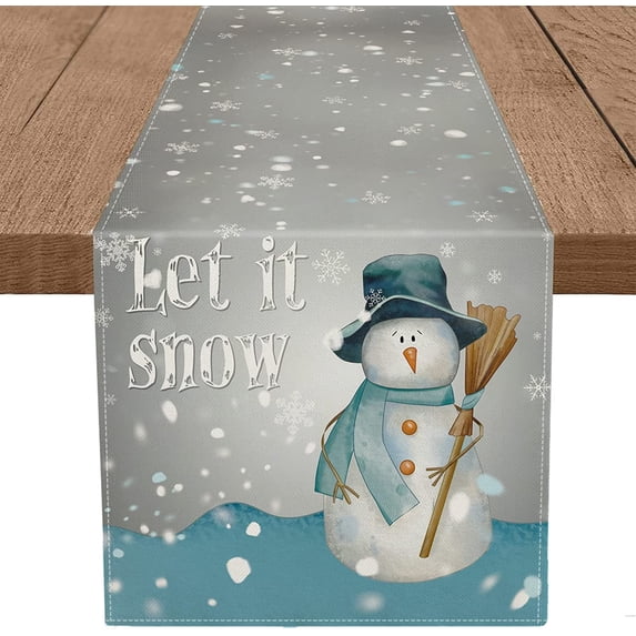 JOOCAR Christmas Table Runner, Grey Christmas Snowman Snowflake Let It Snow Christmas Table Runner for Christmas Kitchen Table Table Festive Decoration