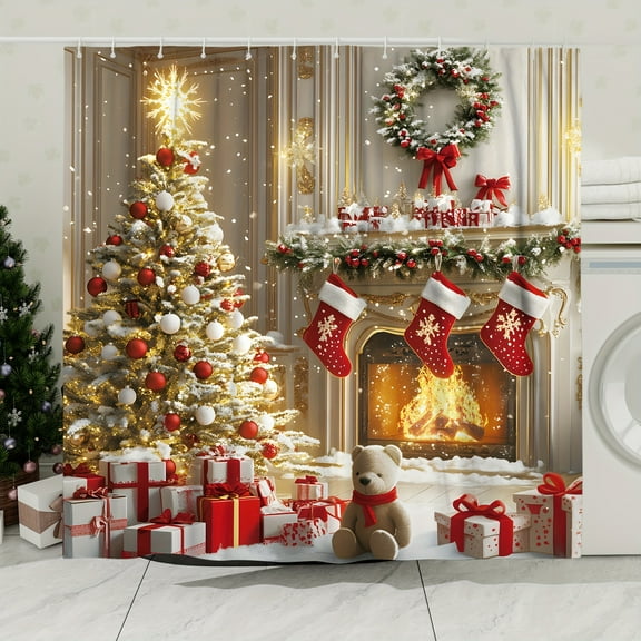 JOOCAR Christmas Tree Fireplace Holiday Scene Polyester Shower Curtain for Home Bathroom Bath Tub Decor 72x72 inch