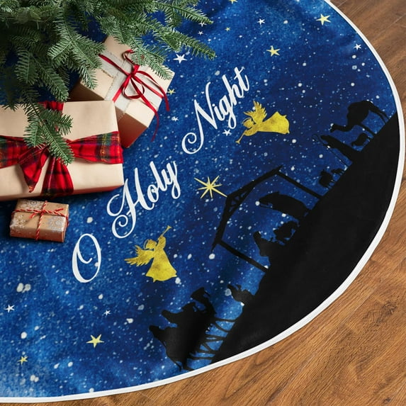 JOOCAR Christmas Tree Skirt, 32 Inch Blue Black Night Jesus Nativity Snow Angel Christmas Tree Skirt for Christmas Tree Decoration Home Christmas Party Decoration