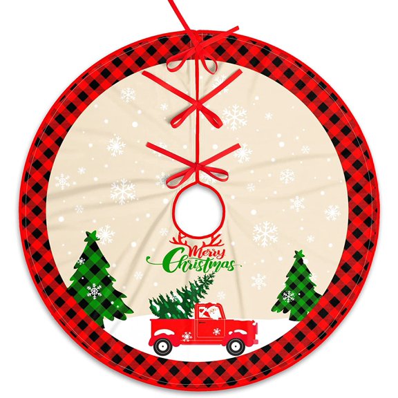 JOOCAR Christmas Tree Skirt, 36 Inch Red Black Buffalo Plaid Santa Red Truck Christmas Tree Snowing Christmas Tree Skirt For Christmas Tree Decoration Home Christmas Party Decoration