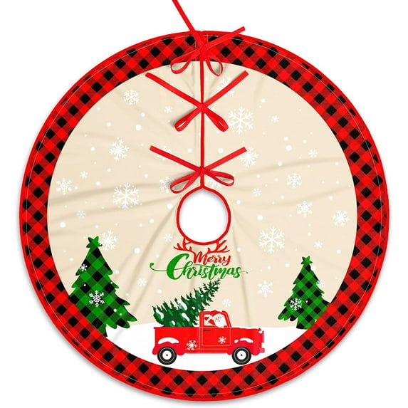 JOOCAR Christmas Tree Skirt, 36 Inch Red Black Buffalo Plaid Santa Red Truck Christmas Tree Snowing Christmas Tree Skirt For Christmas Tree Decoration Home Christmas Party Decoration