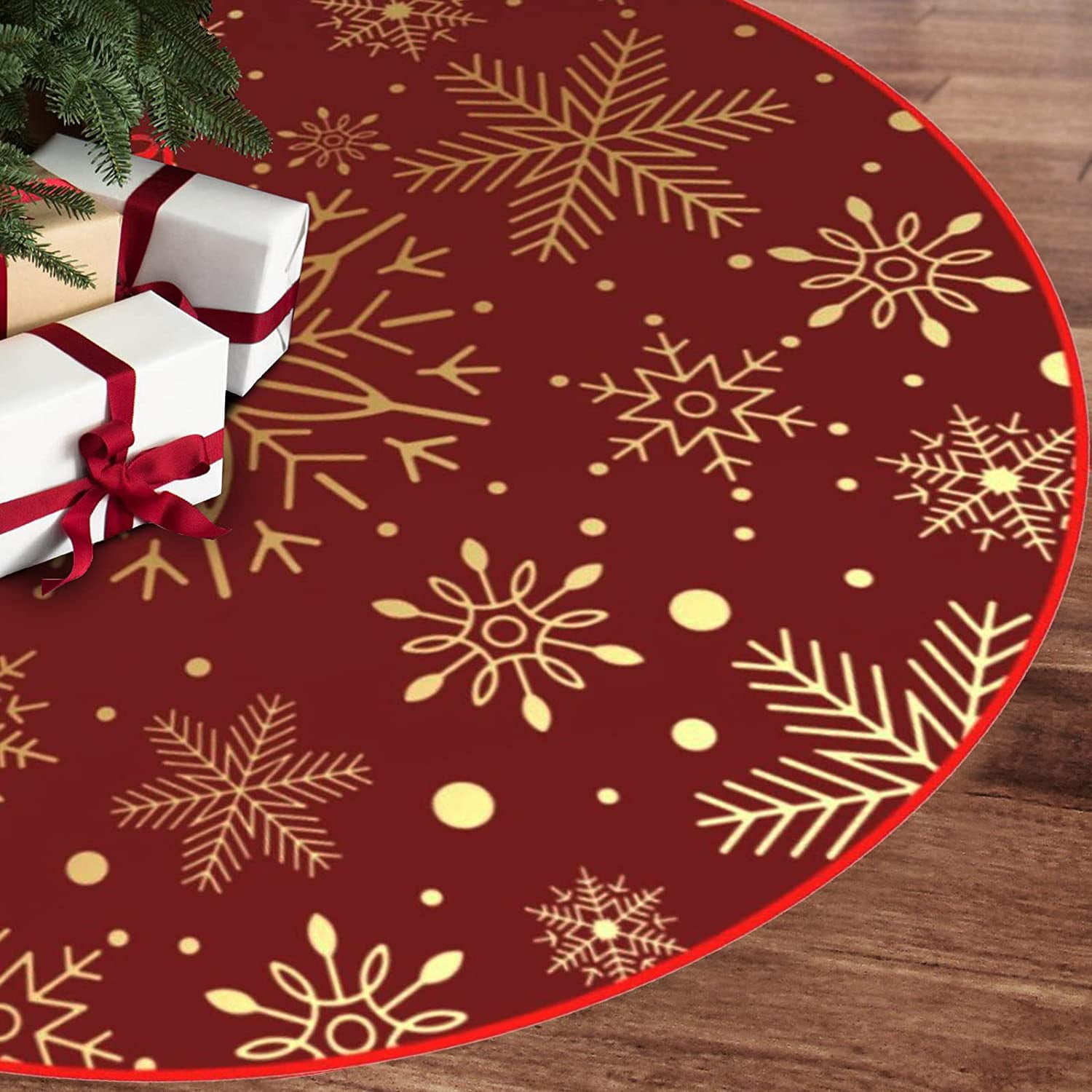 Sattiyrch Christmas Tree Skirt - Red Flannelette With Gold Trim, Santa Reindeer Design, Fits 1-3ft Pencil Trees (18 Inch)