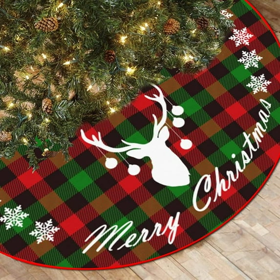 JOOCAR Christmas Tree Skirt, 48 Inch Christmas Tree Skirt, Vintage Red and Green Buffalo Plaid Elk Tree Skirt for Christmas Tree Decoration Home Christmas Party Festive Decoration