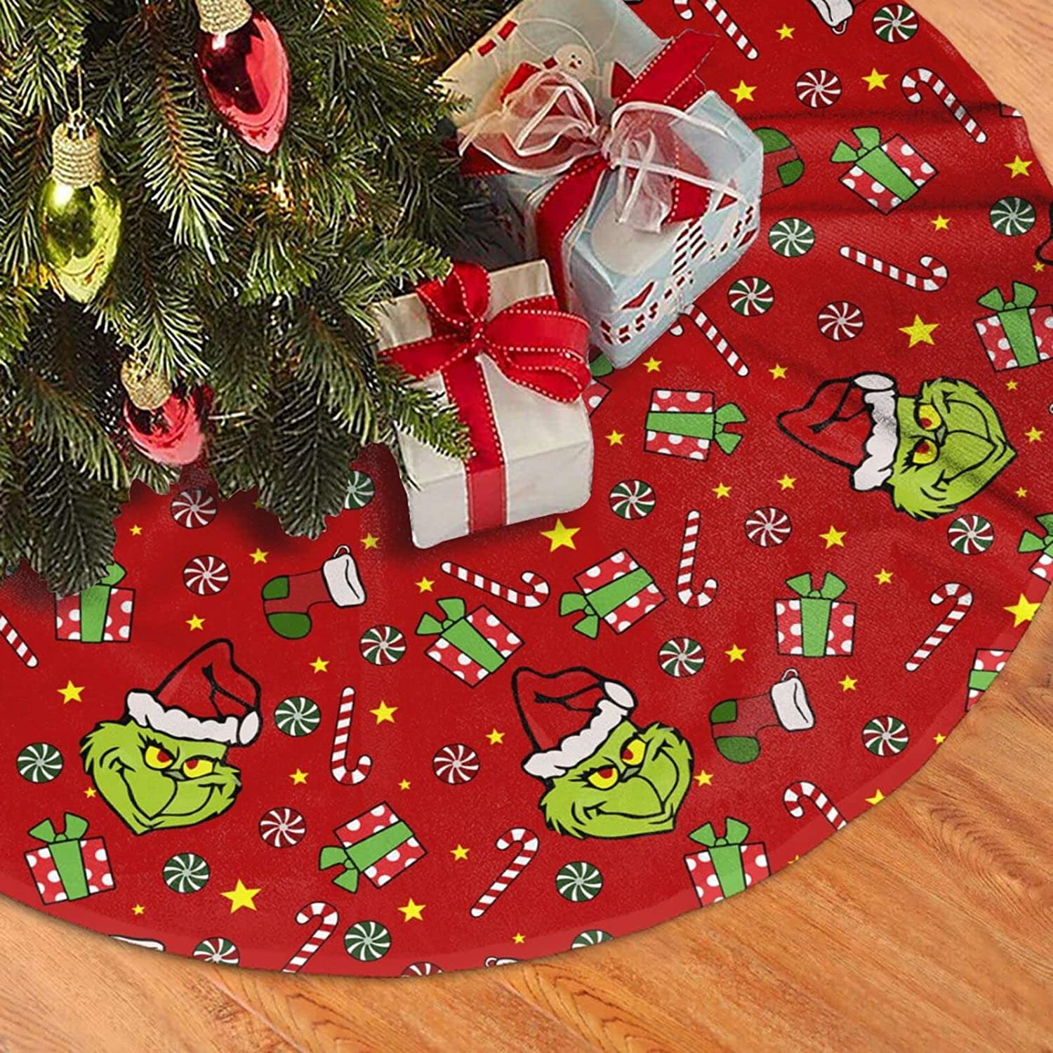JOOCAR Christmas Tree Skirt, 48 Inch Red Green Grinch Gift Stars