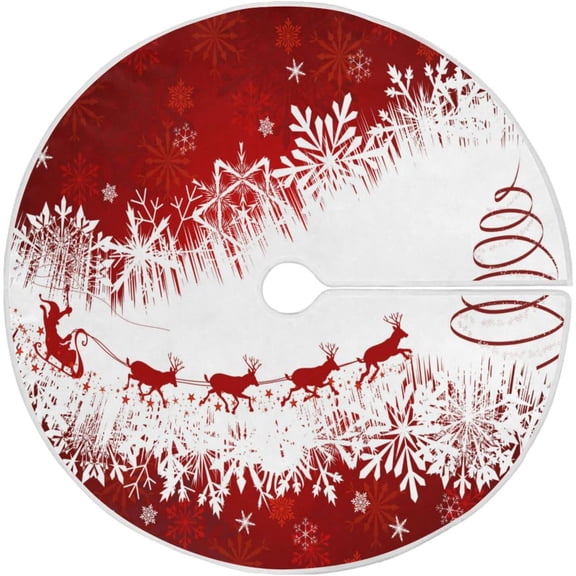 JOOCAR Christmas Tree Skirt Red Retro Sleigh Elk Snowflakes Large Xmas Decorations Burlap Red Stitch Tree Skirt for 4 ft Tree 36 inch