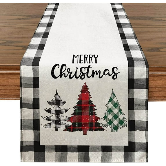 JOOCAR Christmas table runner, classic red and black Buffalo plaid Christmas tree for Christmas kitchen table table holiday decoration