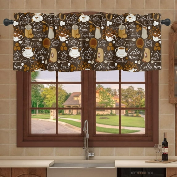 JOOCAR Coffee Themed Polyester Window Valance Curtain with Coffee Cup, Beans, and Mug Patterns for Indoor Living Room Bedroom Kitchen Decoration 54x18 inch