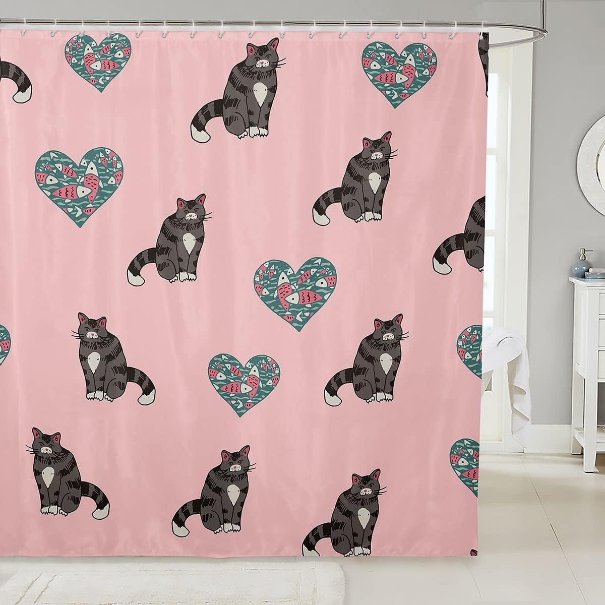 JOOCAR Cute Cat Shower Curtain Cartoon Fish Heart Bathroom Curtain for