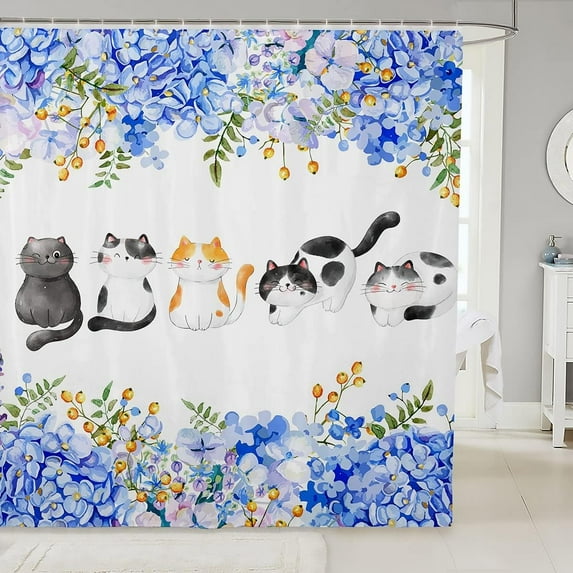 JOOCAR Cute Cats Kids Shower Curtains Cartoon Animal Bathroom Curtains for Boys Girls Teens Room Decor, Botanical Floral Waterproof Bath Curtains with 12 Hooks 72" W x 72" L