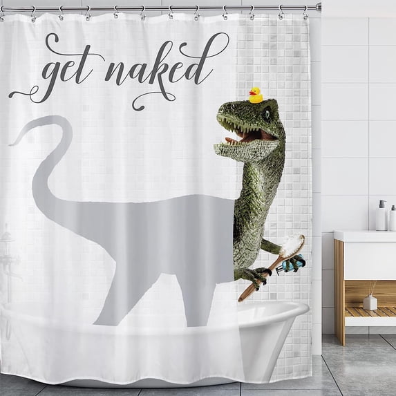 JOOCAR Cute Dinosaur Shower Curtain 72x72 inch Inch Funny Get Naked whit 12 Pack Hooks