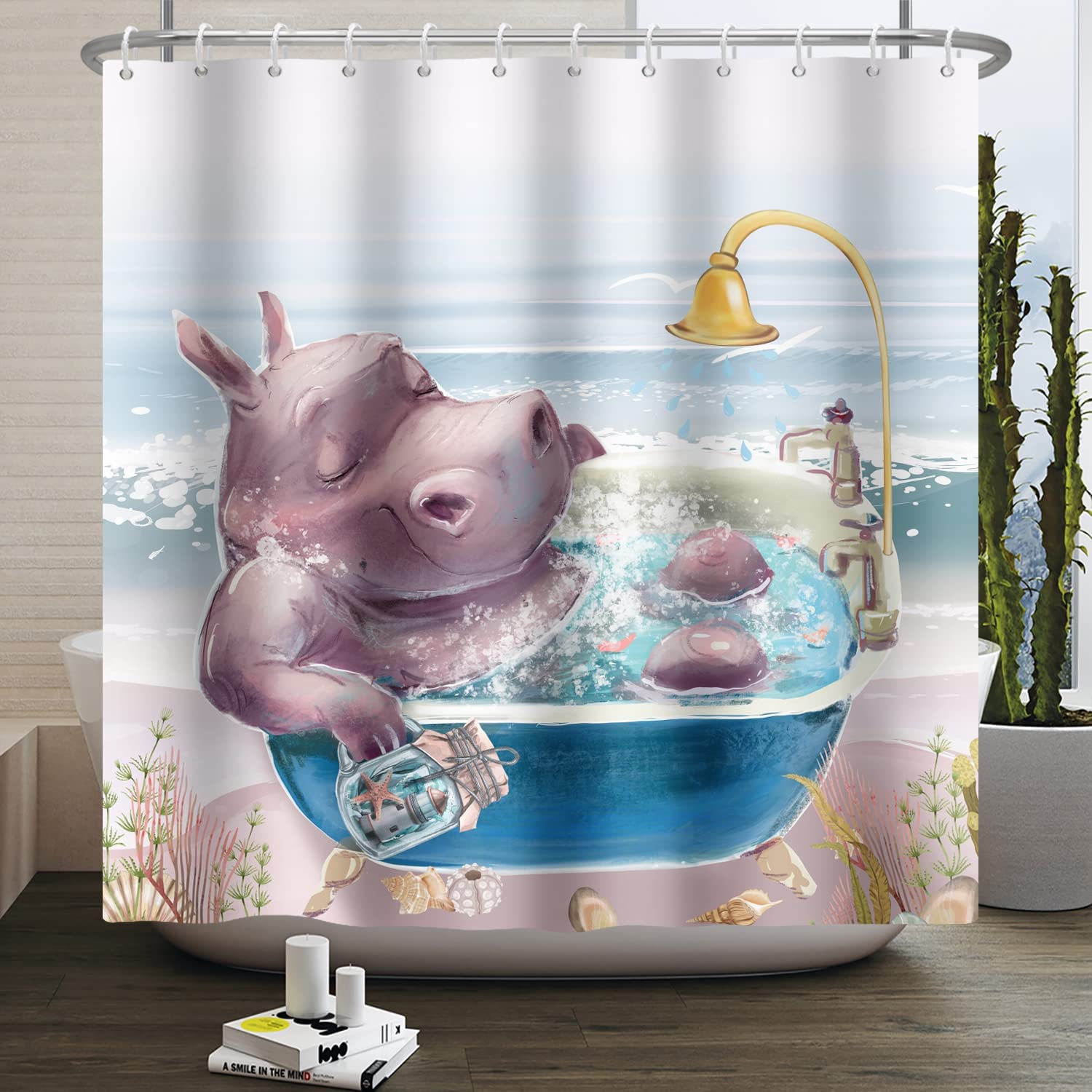 JOOCAR Cute Hippo Bath, Cartoon Animal Hippo Bathtub Bathroom Curtain ...