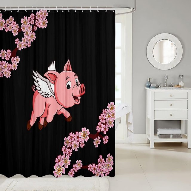 JOOCAR Cute Pig Shower Curtain Pink Animals Bathroom Shower Curtain Set