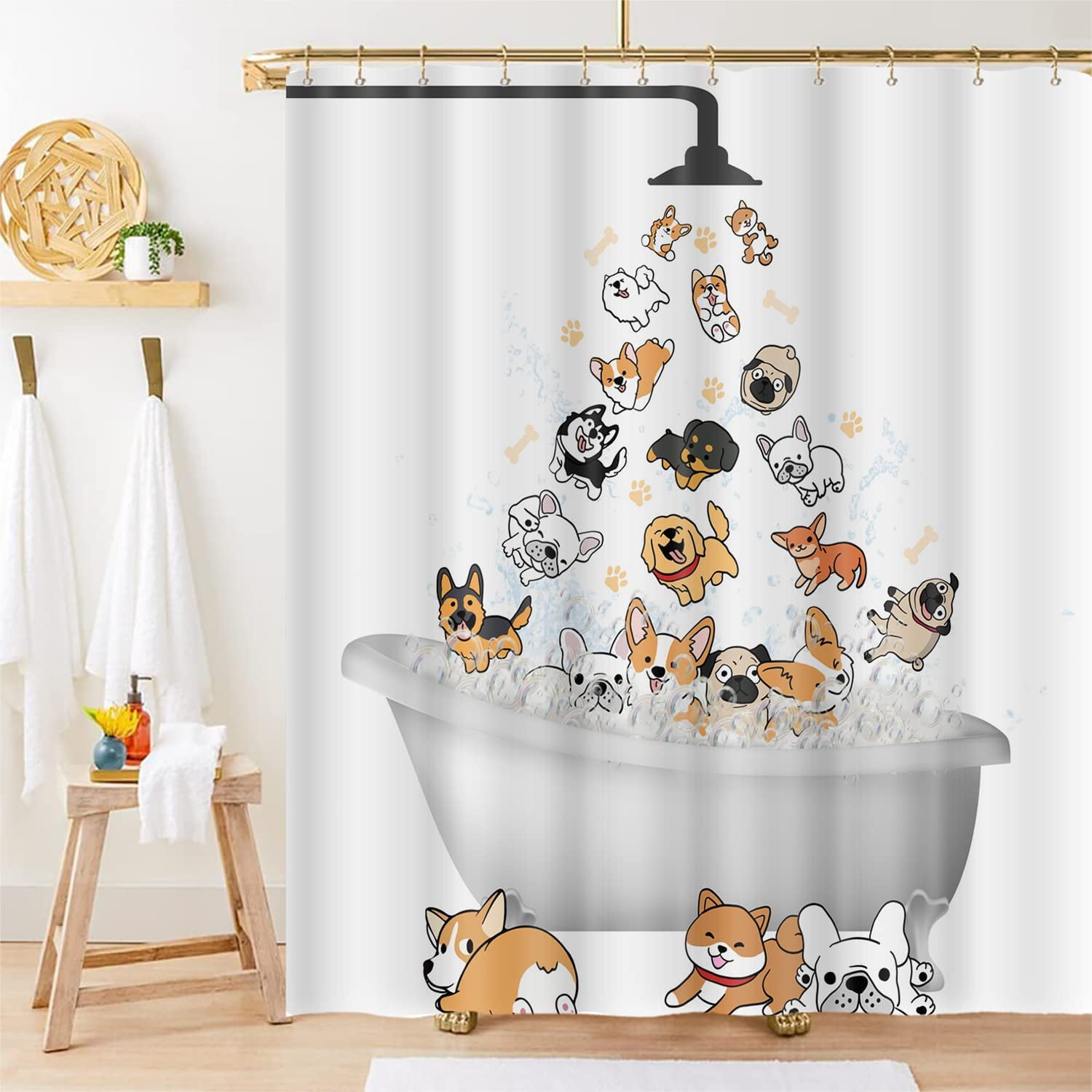 JOOCAR Cute Raining Dogs Shower Curtain,Funny Dog Cartoon Kids