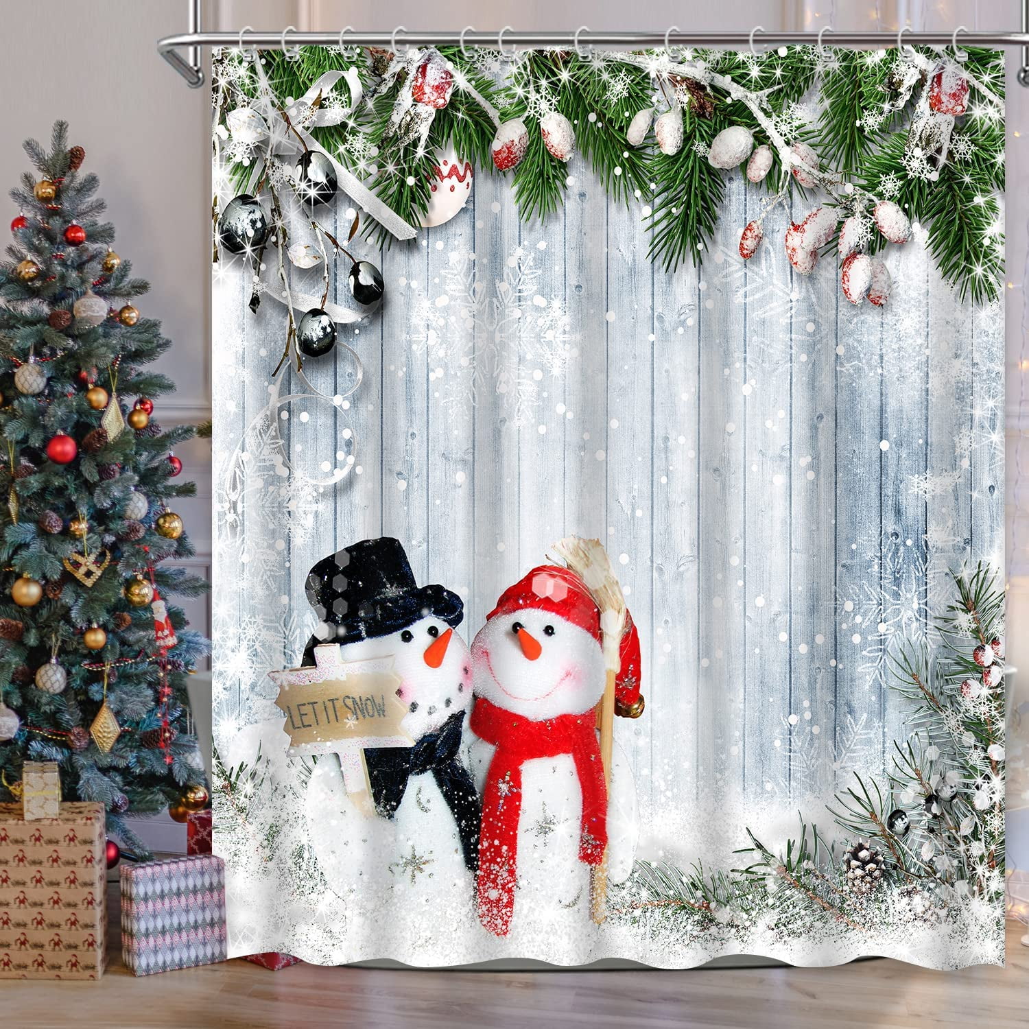 JOOCAR Cute Snowman Shower Curtain Christmas Snowflake Winter Holiday