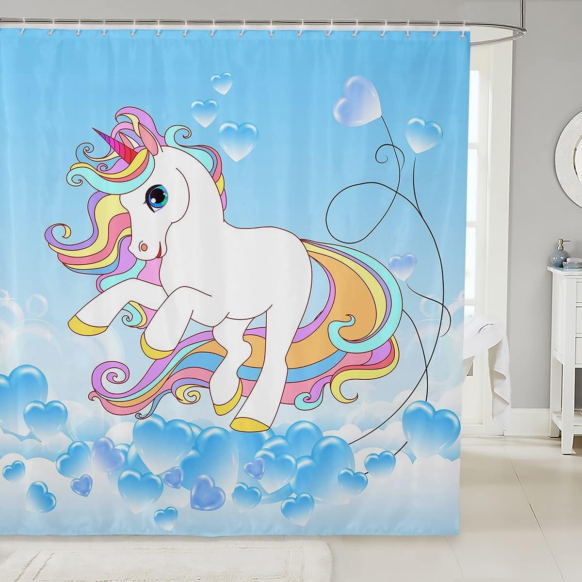 JOOCAR Cute Unicorn Shower Curtain Rainbow Bathroom Shower Curtain Set