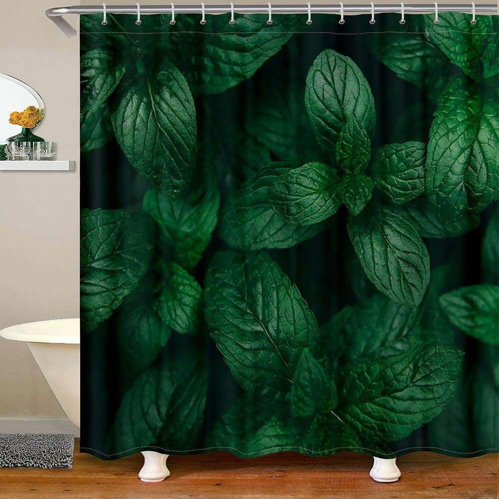 JOOCAR Dark Green Color Shower Curtain for Home Leaves Pattern Decor Decor  Hooks Waterproof, 72Wx72L inch