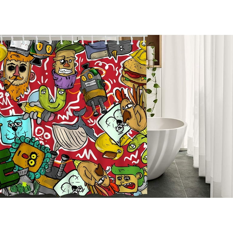 JOOCAR Doodle Fabric Shower Curtain with Hooks Sticker Fish Face Head  Animal Chicken Cartoon Hat Cat Cute Whale Collage Bath Shower Curtain  Polyester 72x72 Inch for Bathrooms Bathtubs Camping 
