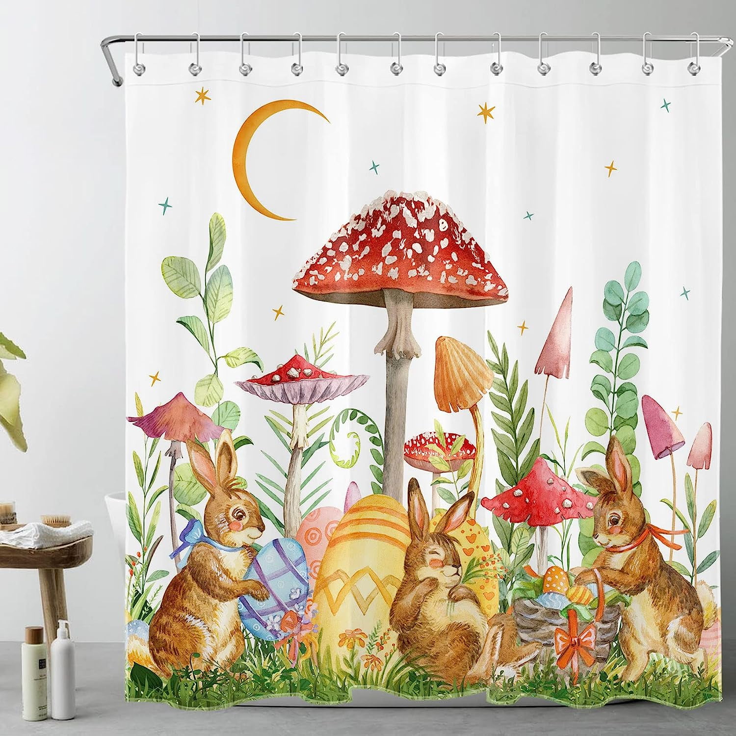 JOOCAR Easter Shower Curtain Cute Rabbit Colorful Egg Shower Curtain