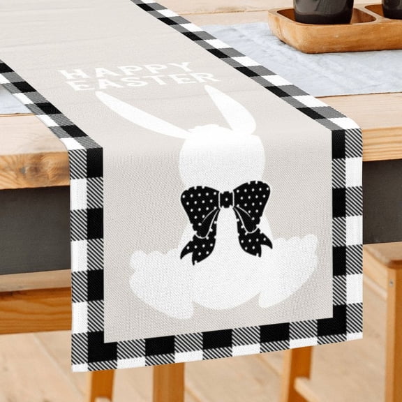JOOCAR Easter Table Runner, Black and White Buffalo Plaid Rabbit 13x72 Inch Table Runner for Easter Kitchen Dining Table Table Holiday Decoration