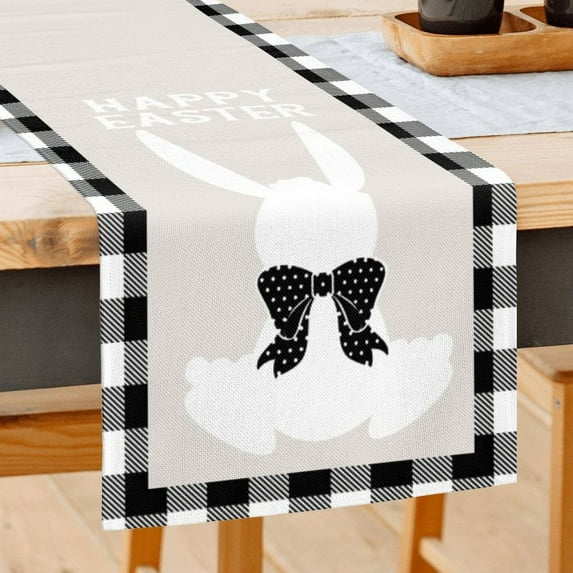 JOOCAR Easter Table Runner, Black and White Buffalo Plaid Rabbit 13x72 Inch Table Runner for Easter Kitchen Dining Table Table Holiday Decoration