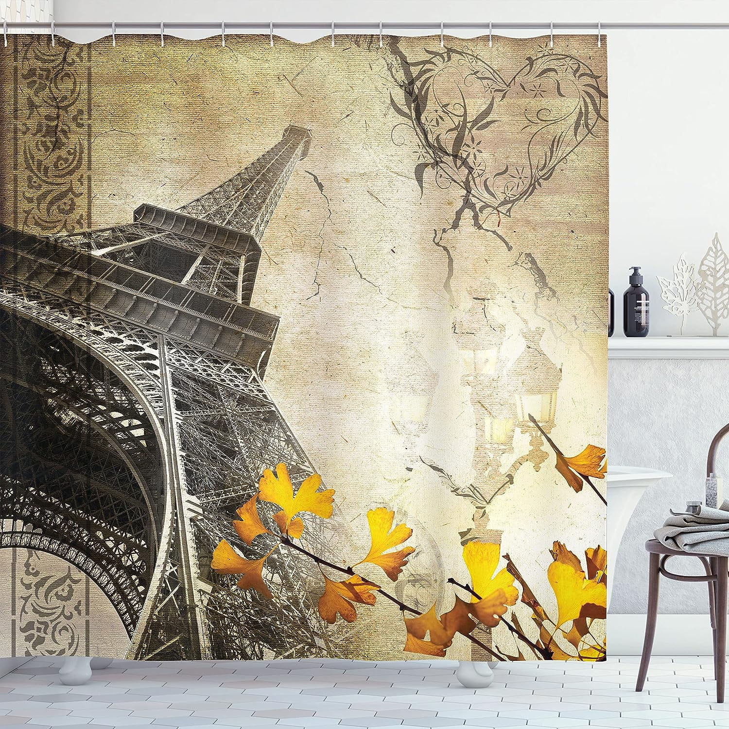 JOOCAR Eiffel Tower Shower Curtain, Falling Leaves in Romantic Love
