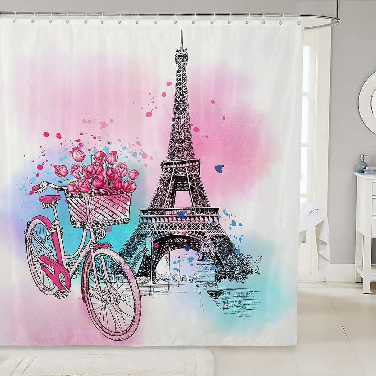 JOOCAR Eiffel Tower Shower Curtain Vintage Bicycle Rose Flowers Curtain