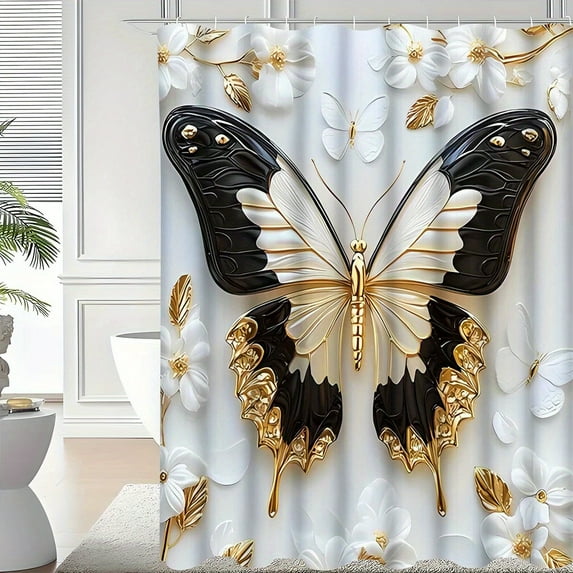 JOOCAR Elegant Black and Gold Butterfly Shower Curtain with White Flowers for Home Bathroom Bath Tub Decoration 72x72 inch