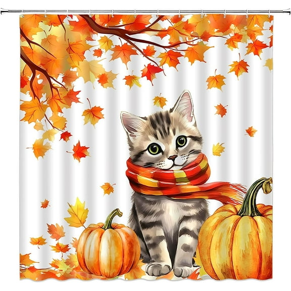 JOOCAR Fall Thanksgiving Cat Punpkin Maple Leaves Polyester Shower Curtain for Bathroom 72x72 inch