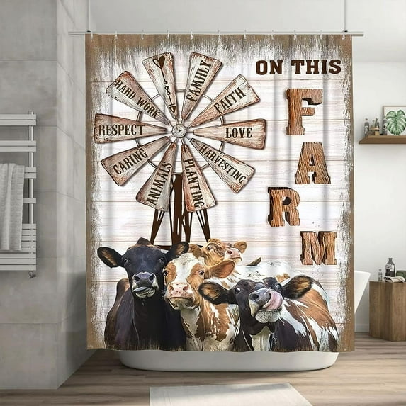 JOOCAR Farm Cow Shower Curtain Farmhouse Rustic Funny Cow Bathroom Shower Curtains Modern Polyester Fabric Waterproof 12 Pack Plastic Hooks 72 x 72 Inch