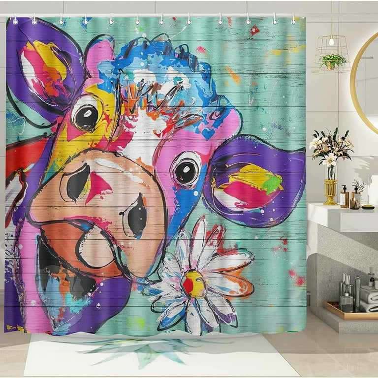 JOOCAR Farm Cow Shower Curtains Watercolor Cattle Farm Animal on Rustic Wooden Board Colorful Bull Bath Curtain Fabric Farmhouse Shower Curtain
