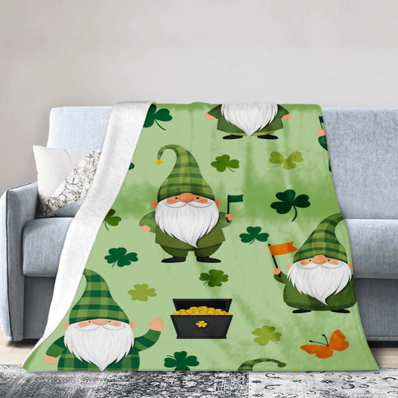 JOOCAR Flannel Throw Blanket With Gnomes And Clover Pattern For Gift Home Sofa Bed Decoration 50x40 inch