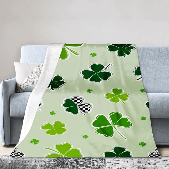 JOOCAR Flannel Throw Blanket With Green Clover Pattern For Gift Home Sofa Bed Decoration 80x60 inch