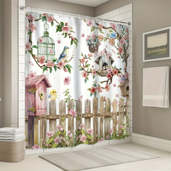 JOOCAR Floral Birds and Birdhouse Polyester Shower Curtain for Home Bathroom Bath Tub Decoration 72x72 inch