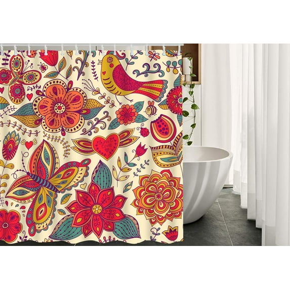 JOOCAR Floral Fabric Shower Curtain with Hooks Butterfly Blossom Beautiful Bird Nature Leaf Foliage Nature Insect Color Bath Shower Curtain Polyester 72x72 Inch for Bathrooms Bathtubs Camping