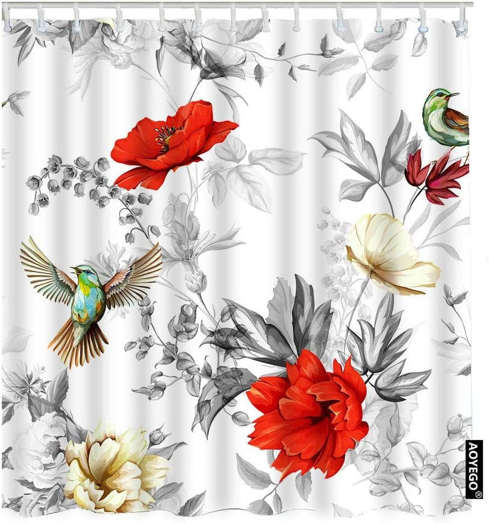 JOOCAR Floral Fabric Shower Curtain with Hooks Leaf Bird Fly Plant