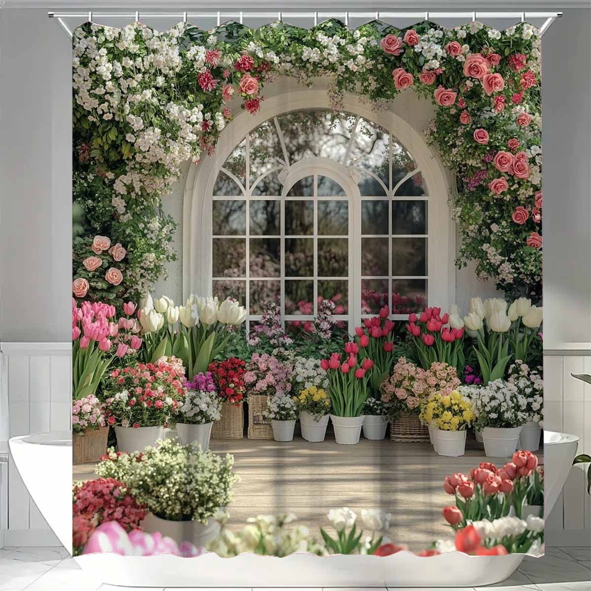 JOOCAR Floral Garden Window Scene Polyester Shower Curtain for Home Bathroom Bath Tub Decoration 72x72 inch