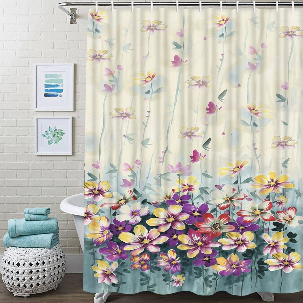 lovetar Vintage Floral Flower Retro Shower Curtain Washable Waterproof Cute Cream Shabby Chic Fabric Bath Curtains Set for Ba