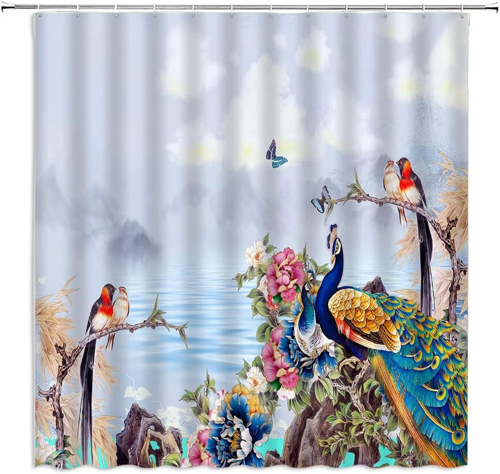 JOOCAR Flower Hummingbird Shower Curtain Floral Bird Purple Wisteria Leaves Fabric  Bathroom Decor Curtains with Hook 72x72 
