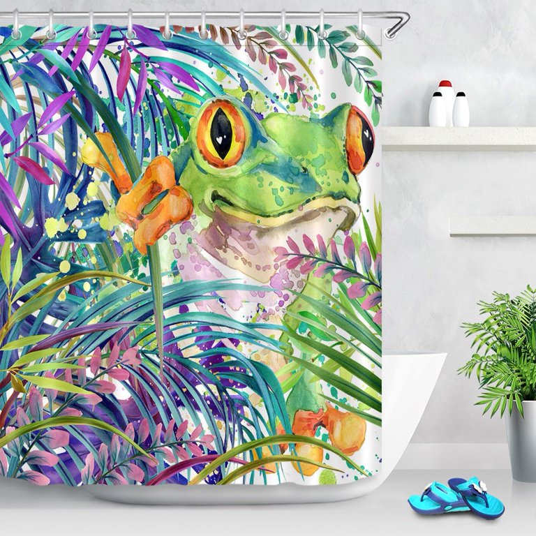 JOOCAR Funny Animal Frog Shower Curtain Watercolor Tree Frog in Tropical  Jungle Shower Curtain Set for Bathroom Waterproof Curtain with Hooks,72x72  inch 