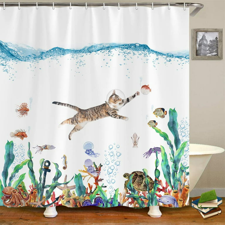 JOOCAR Funny Cat Fabric Shower Curtain for Bathroom, Ocean Animal Octopus  Starfish Turtle Nautical Anchor Fish Shower Curtain Cute Fun Shower Curtain  Set with 12 Hooks 72x72Inch 