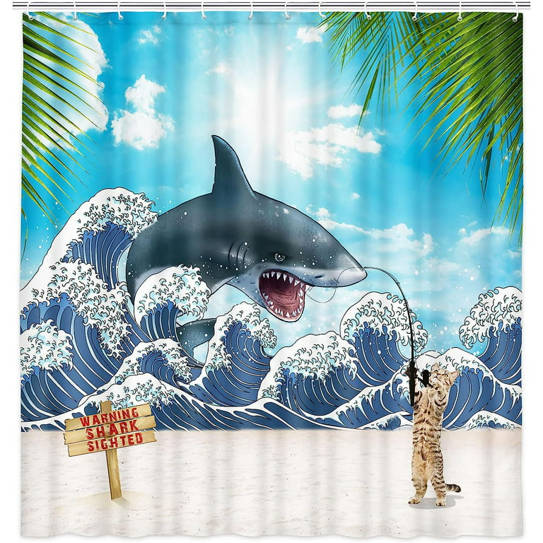 Joocar Funny Cat Fabric Shower Curtain Cool Fishing Shark For Bathroom Summer Beach Sea Wave Coconut Tree With Hooks 72x72 Inch Com
